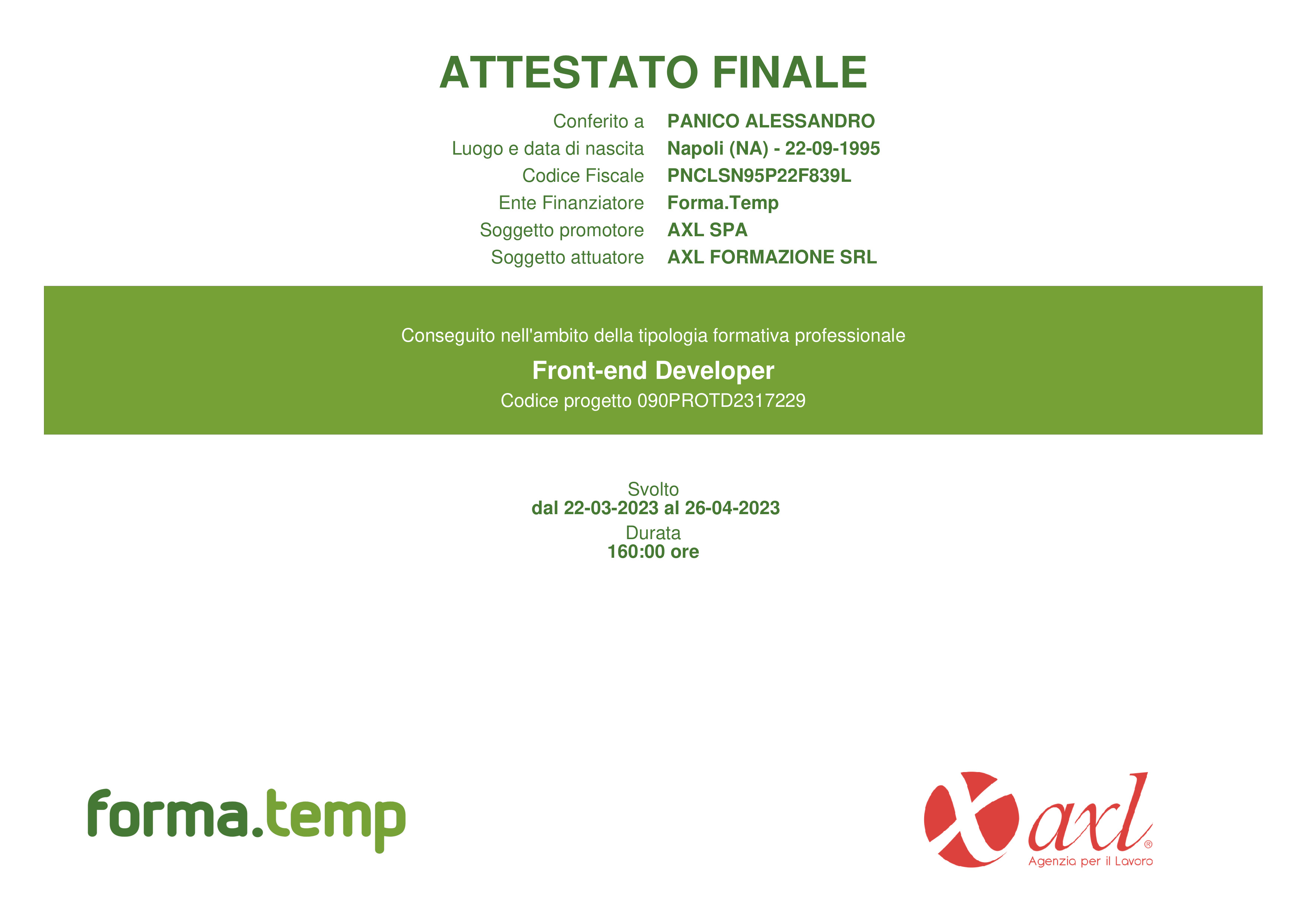 Attestato front-end